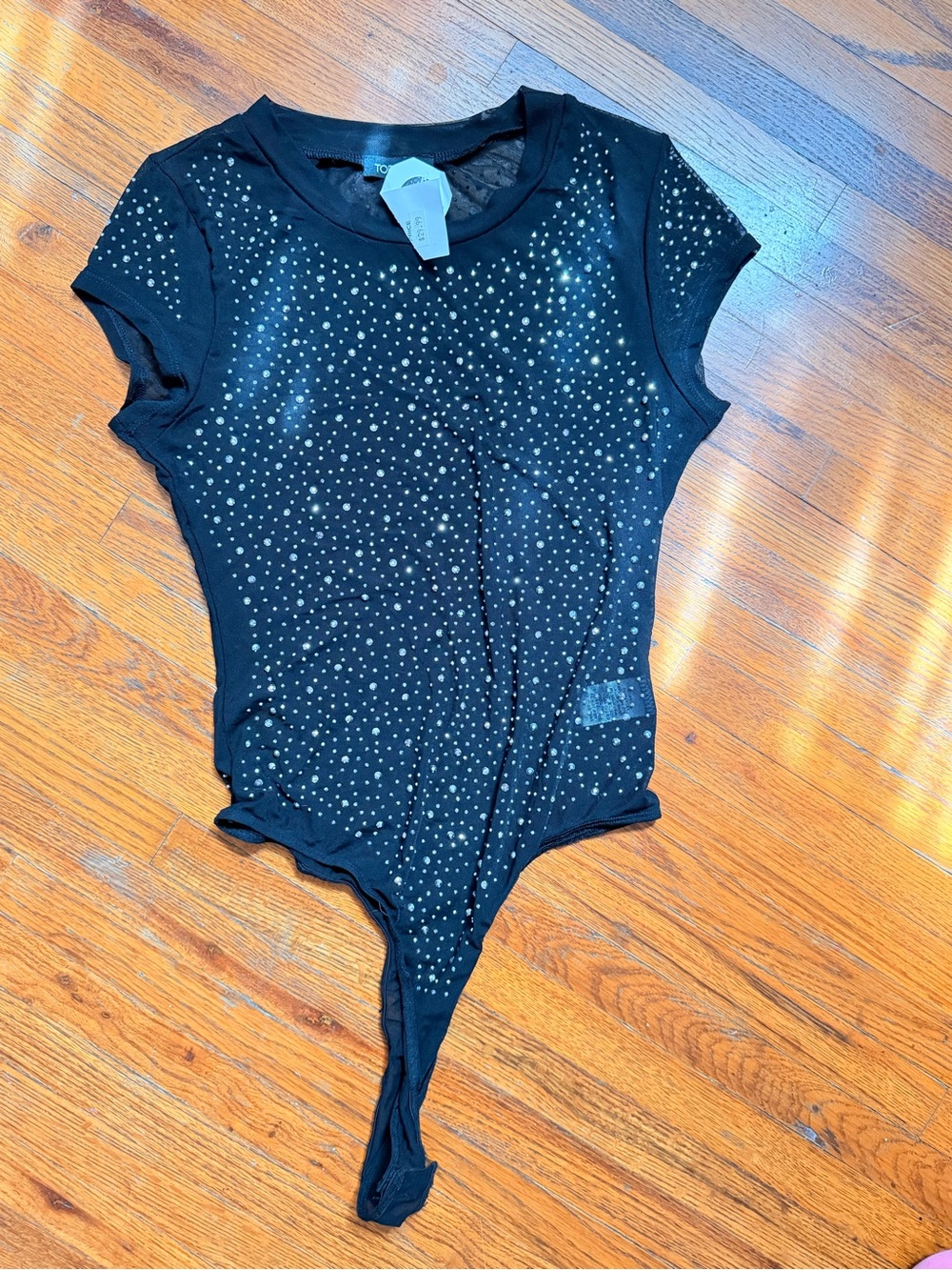 NWT Top Chic Black Rhinestone Sheer Mesh Bodysuit L